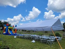 5738 1672464168 Green and Blue Bounce House Package (18 White Chairs & 3 Tab