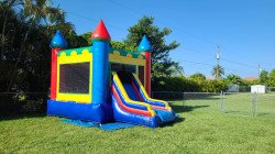 Green and Blue Bounce House Package (18 White Chairs & 3 Tab