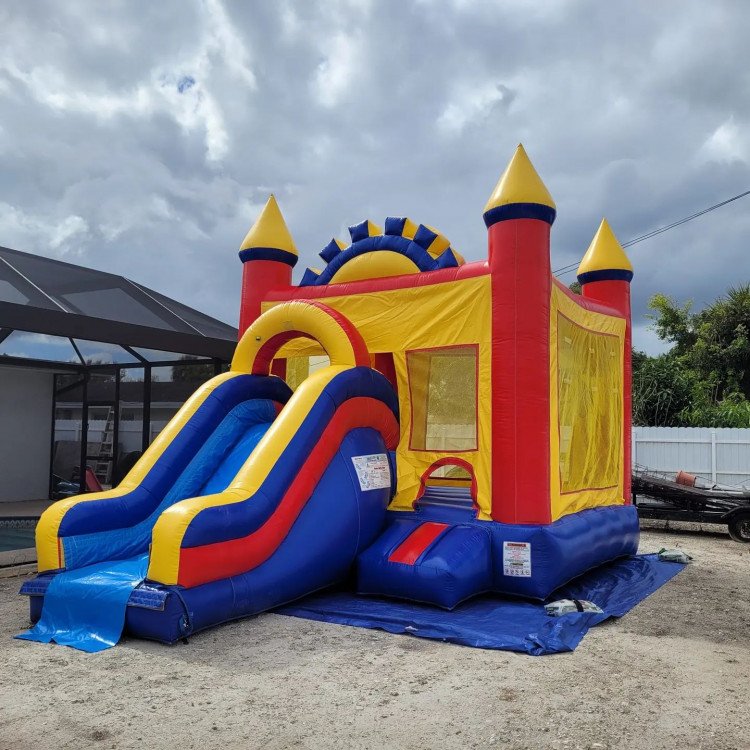 Yellow and Blue Bounce House With Dry Slide Package