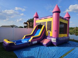 Pink Royal Bounce House Package (18 White Chairs & 3 Tables)