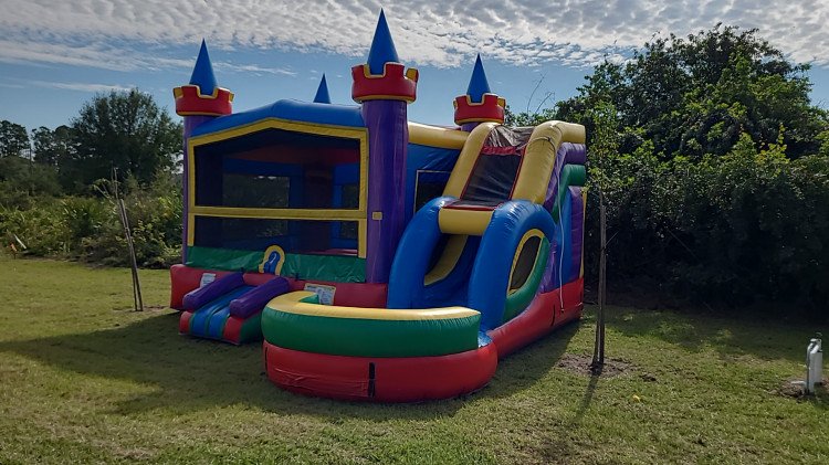 The Rainbow Bounce House Package (18 Black chairs & 3 tables