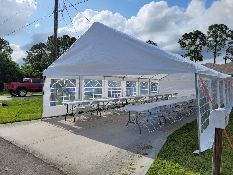 20 FT x 40 FT Frame Tent Package (64 Black Chairs & 10 Recta