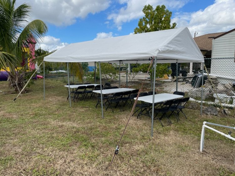 10 FT x 20 FT Frame Tent Package (18 Black Chairs & 3 Rectan