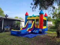 5990 1704309528 Green and Blue Bounce House Package (18 Black Chairs & 3 Tab