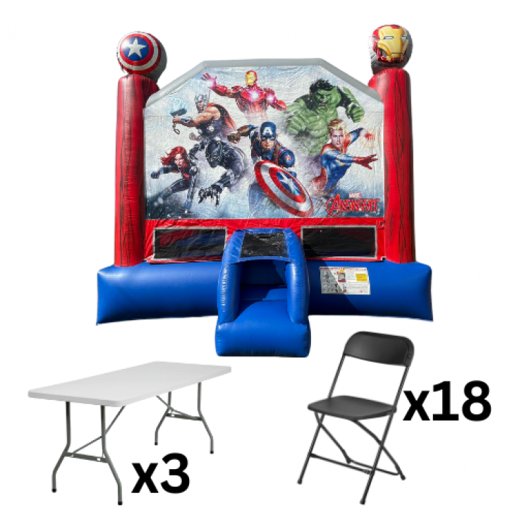 Marvel Avengers Bounce House Package (18 Black Chairs & 3 Re