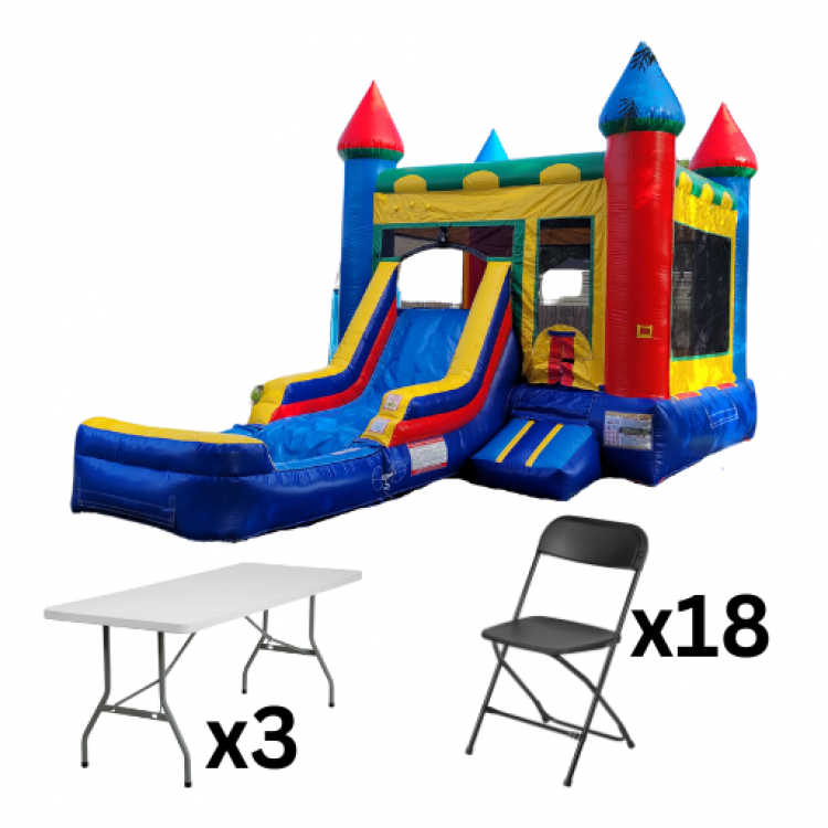 Green and Blue Bounce House Package (18 Black Chairs & 3 Tab