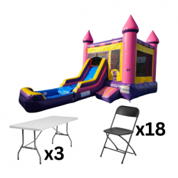 Pink Royal Bounce House Package (18 Black Chairs & 3 Tables)