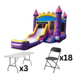 Purple Bounce House Package (18 Black Chairs & 3 Tables)