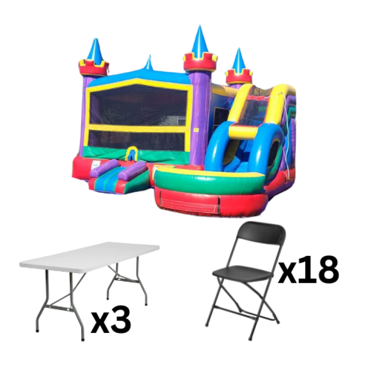 Rainbow Bounce House Package (18 Black chairs & 3 tables