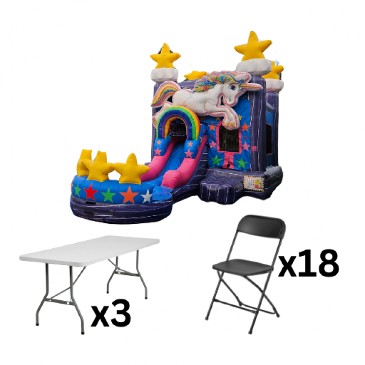 Ella's Magical World Bounce House Package (18 Black Chairs &