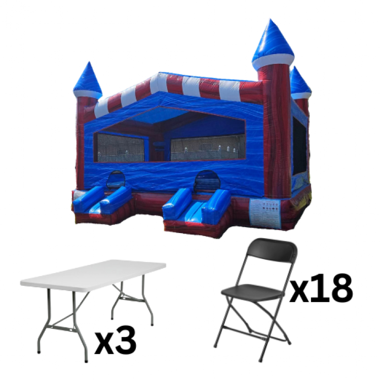 XL Red White and Bounce Package (18 Black Chairs & 3 Tables)