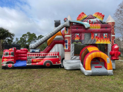Firetruck 1709760242 Fire Truck Bounce House Package (18 Black Chairs & 3 Tables)