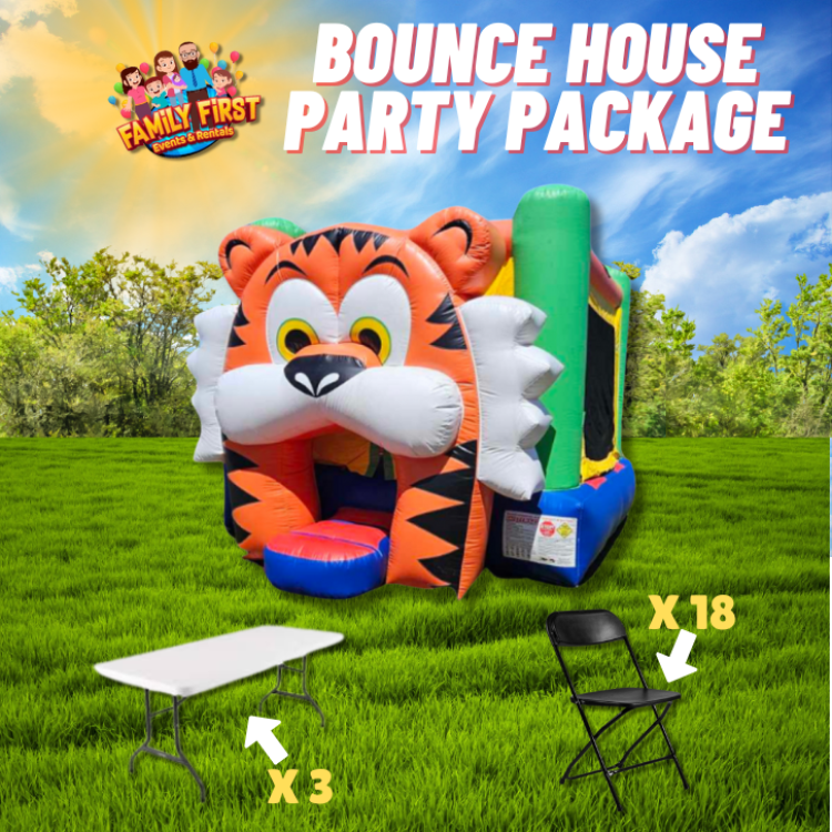 Tiger Bounce House Package (18 Black Chairs & 3 Tables)