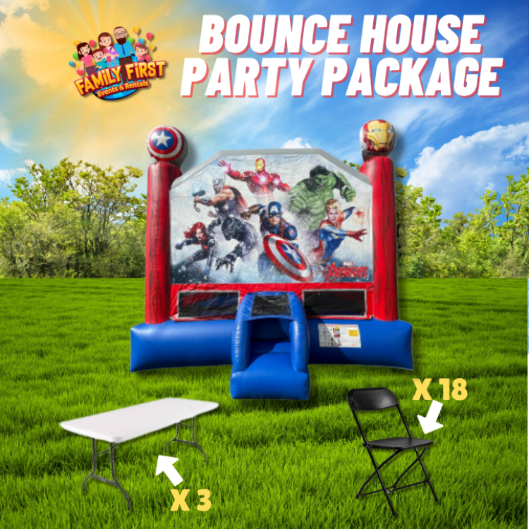 Marvel Avengers Bounce House Package (18 Black Chairs & 3 Re