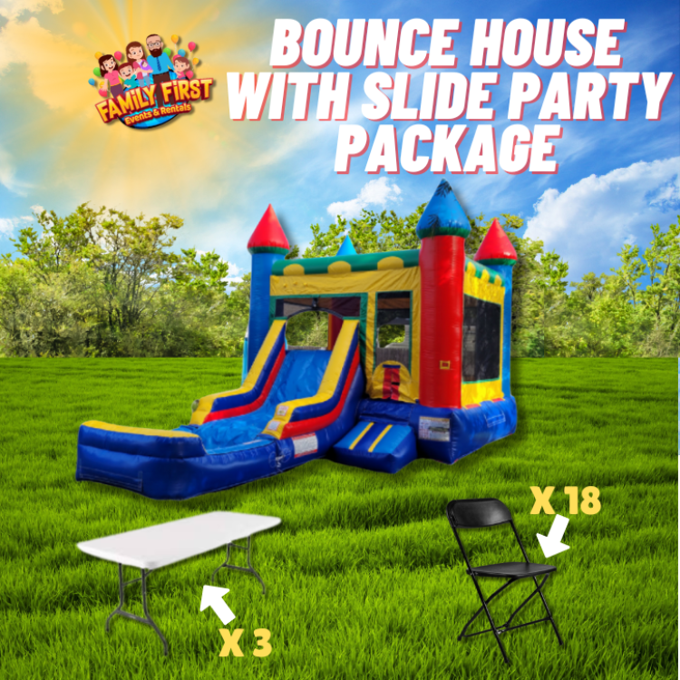 Green and Blue Bounce House Package (18 Black Chairs & 3 Tab