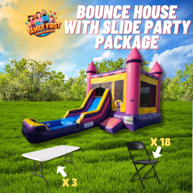 Pink Royal Bounce House Package (18 Black Chairs & 3 Tables)