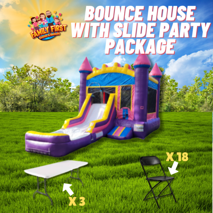 Purple Bounce House Package (18 Black Chairs & 3 Tables)