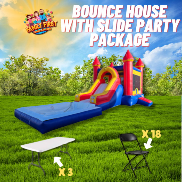 Royal Castle Bounce House Package (18 Black Chairs & 3 Table