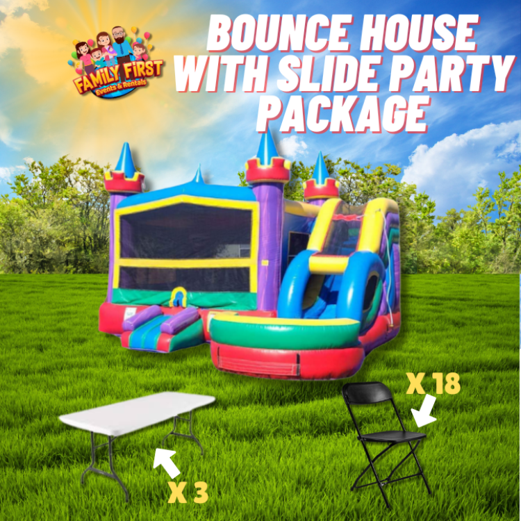 Rainbow Castle Bounce House Package (18 Black chairs & 3 tab