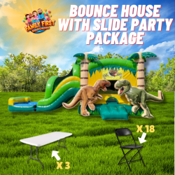 Dinosaur Bounce House Package (18 Black Chairs & 3 Tables)