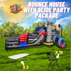 Police Bounce House Package (18 Black Chairs & 3 Tables)