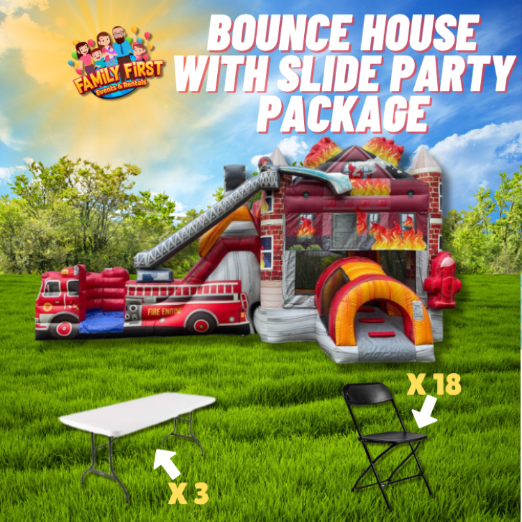 Fire Truck Bounce House Package (18 Black Chairs & 3 Tables)