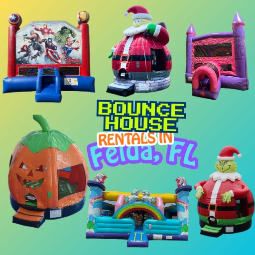 Colorful themed bounce houses from Family First Events and Rentals in Felda, FL including Christmas, Halloween, superhero, and rainbow inflatables for rent