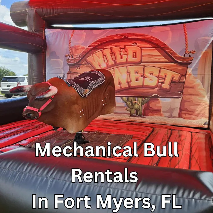 Mechanical bull rental setup at outdoor party by Family First Events and Rentals in Fort Myers, FL with Wild West inflatable backdrop