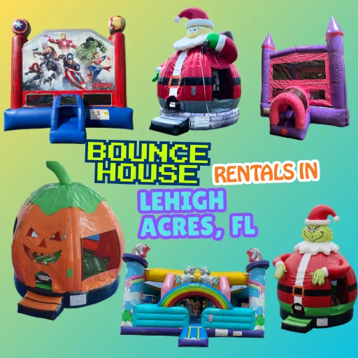 A colorful inflatable bounce house setup by Family First Events and Rentals in Lehigh Acres, FL, ready for a fun and safe party experience for kids and families.