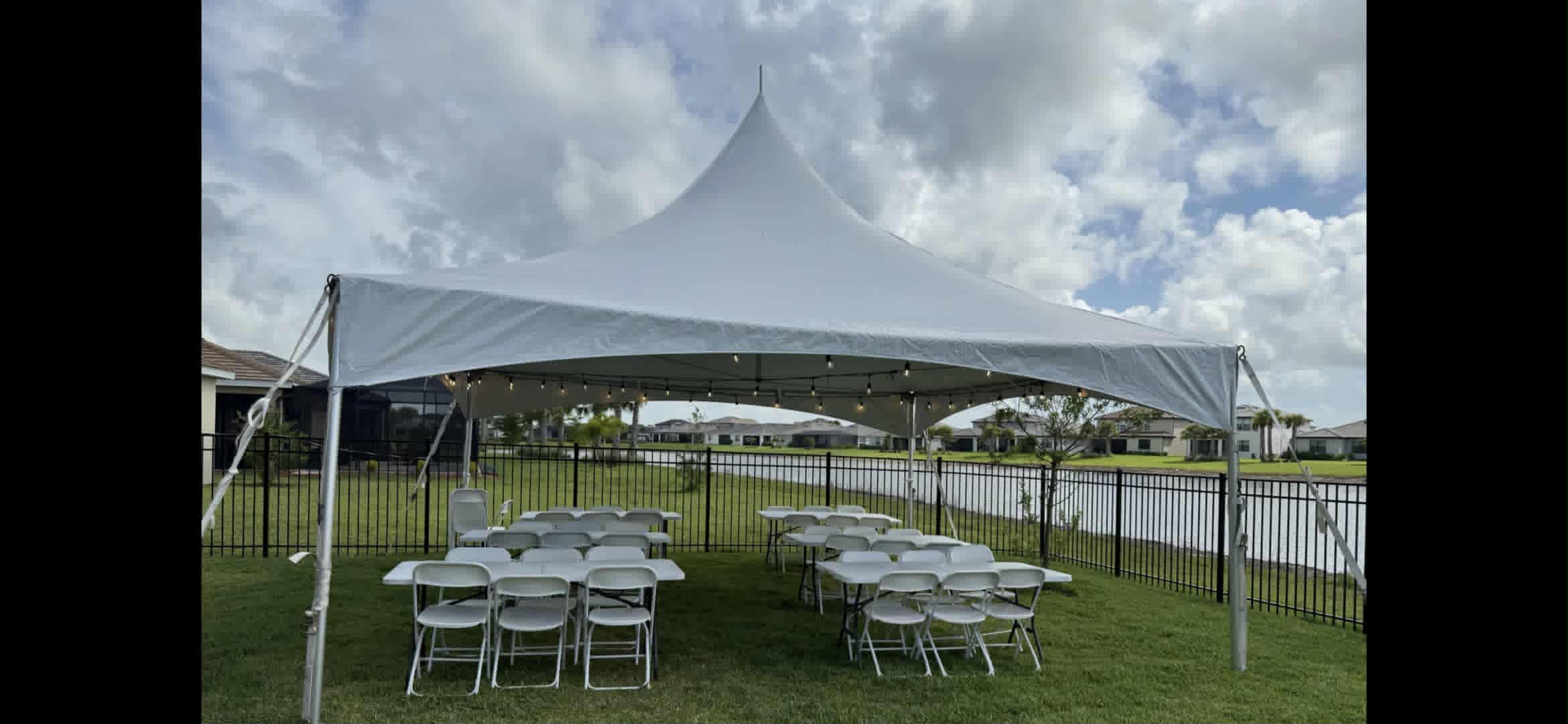Family First event tent with evening string lighting in Fort Myers, Florida