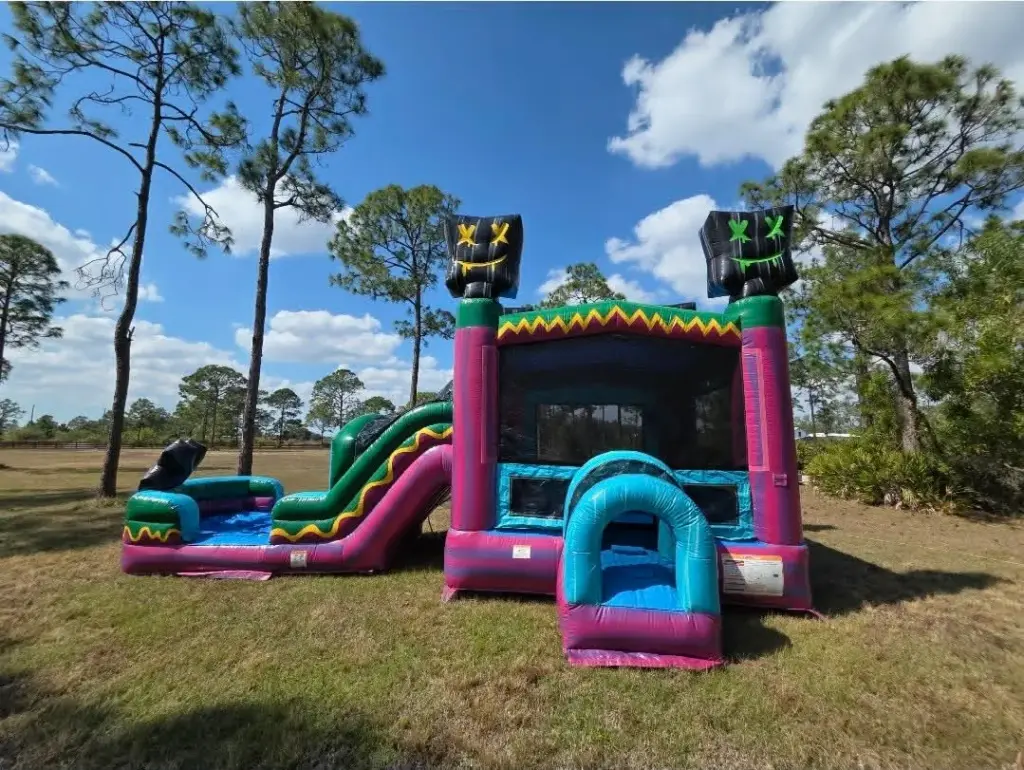 Bounce house rentals in Gateway — combo bounce house with slide set up on a large grassy yard