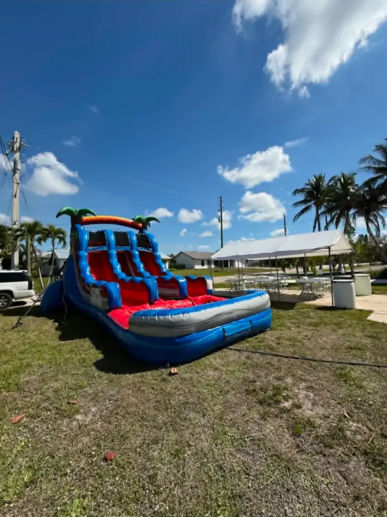 Tropical dual lane inflatable water slide with splash pool set up in backyard, available for party rentals in North Fort Myers FL from Family First Events and Rentals