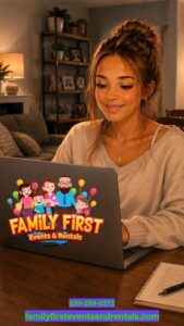 Customer review video thumbnail featuring Aubrey from Family First Events & Rentals discussing a 5-star review for bounce house rentals, water slide rentals, tent rentals, and party rentals in Fort Myers Florida.