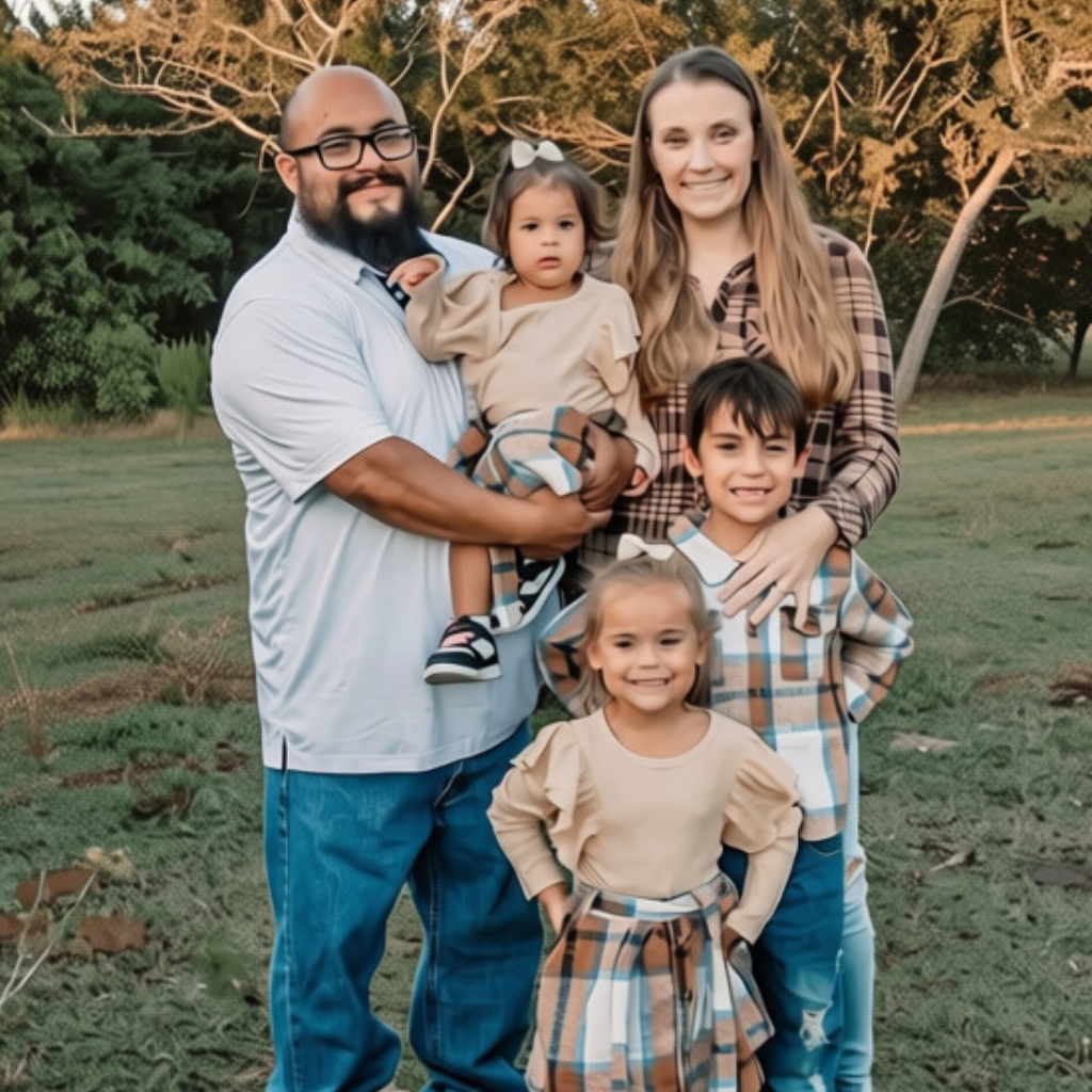 Family First Events & Rentals owners Brittany and JC with their three children in a family portrait outdoors in Fort Myers, Florida.