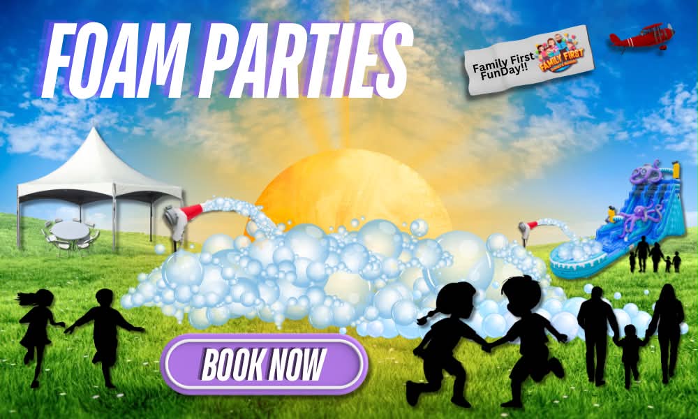 Foam Parties graphic with kids running toward a big pile of foam bubbles, a white tent with tables and chairs, and a water slide on a sunny lawn.