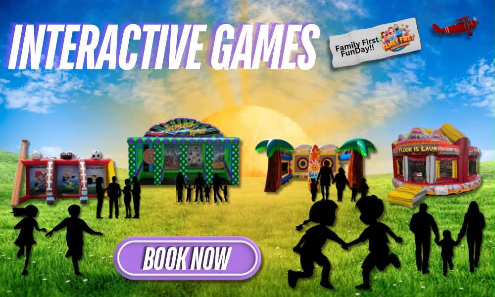 Interactive Games graphic showing sports and carnival game units, including a Floor is Lava game, with families playing on a lawn.