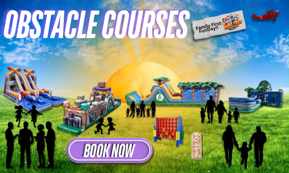Obstacle Courses graphic showing obstacle courses, a water slide and giant yard games with families on a sunny lawn.