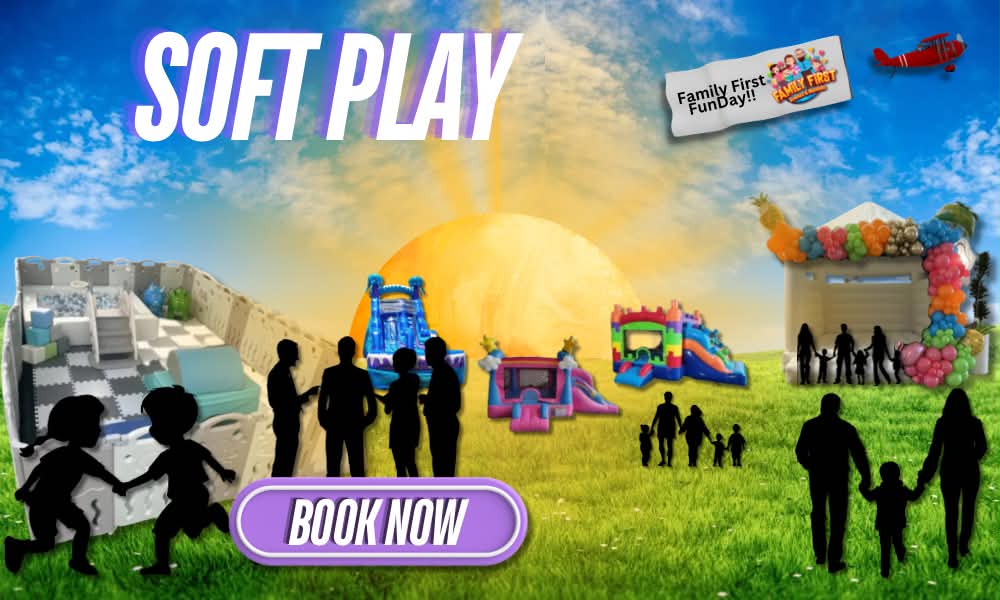 Soft Play graphic showing a soft play area with a ball pit, bounce houses, a water slide and a balloon garland.